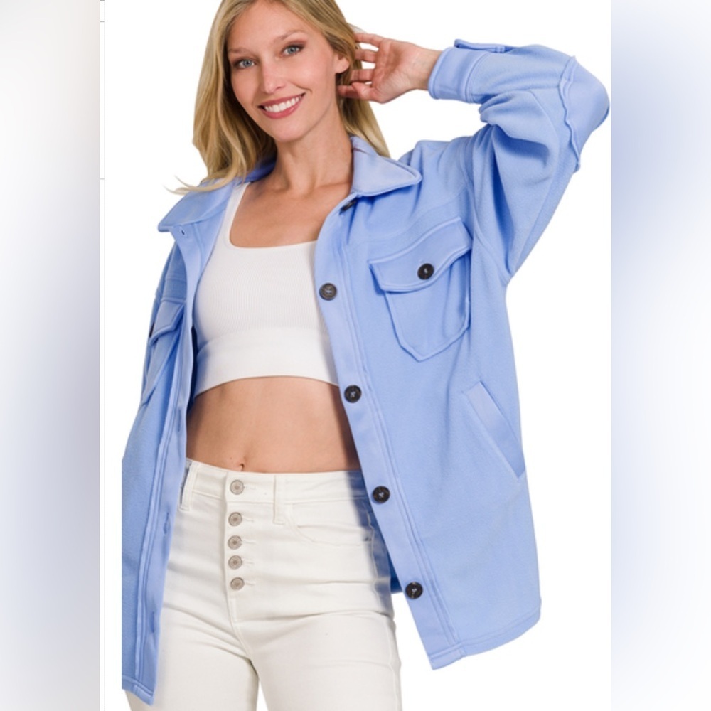 Zenana All About the Fleece Lightweight Button-Down Shacket in baby blue small